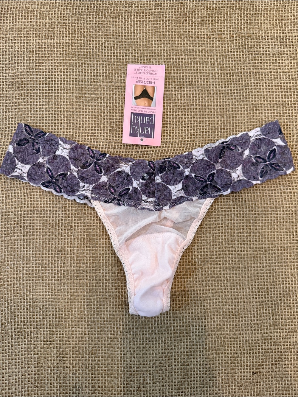 Hanky Panky Pink Thong with Purple Floral Lace Waistband